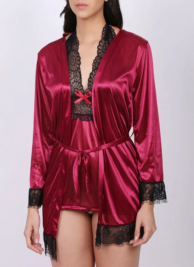 Laceandme Laceandme Maroon & Red Satin Baby Doll With Robe